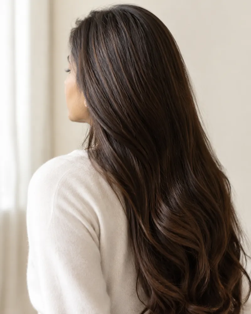 Before: Long glossy chocolate brown hair, back view