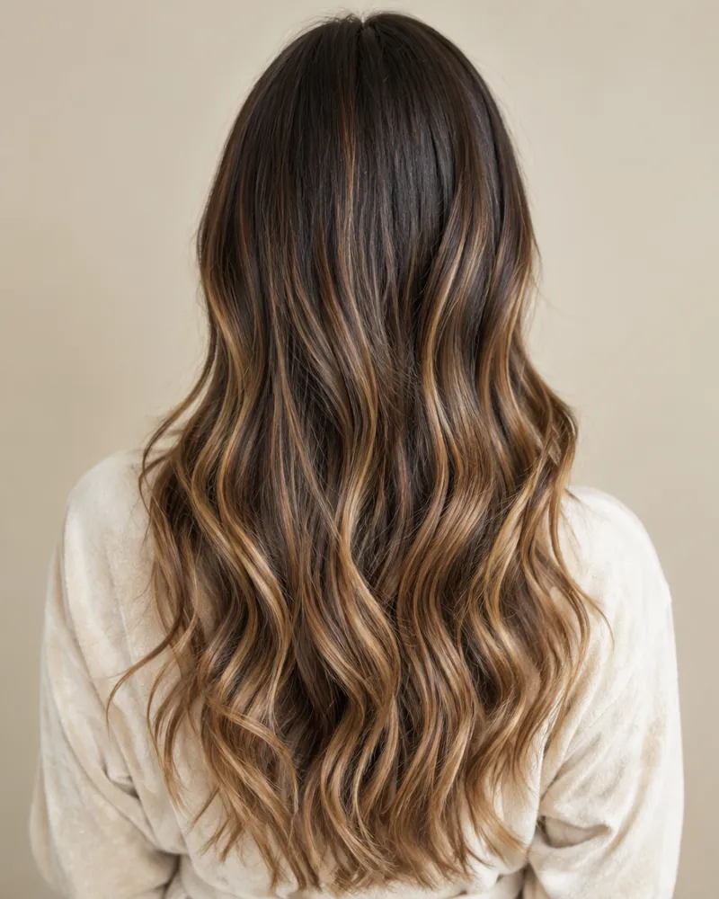 After: Soft caramel balayage on long dark hair, back view