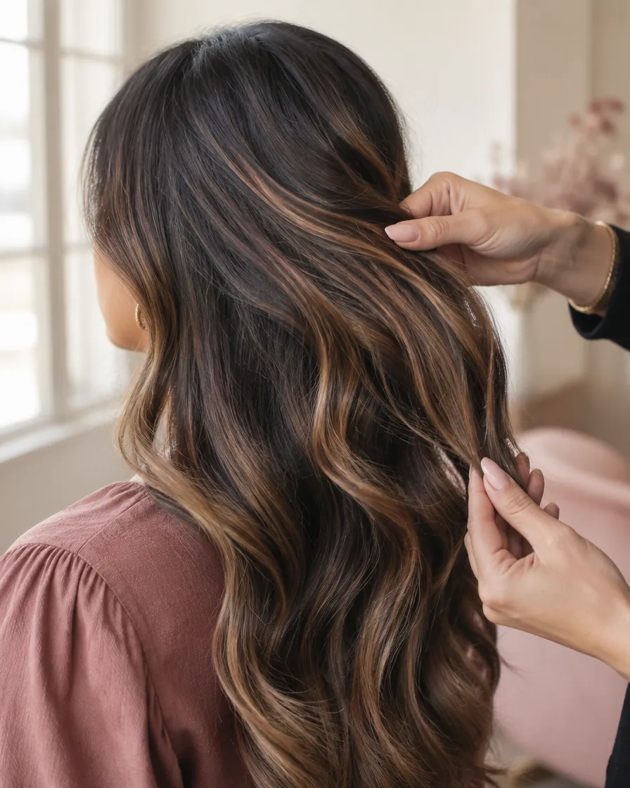 Colourist checking the tone of fresh caramel balayage in daylight