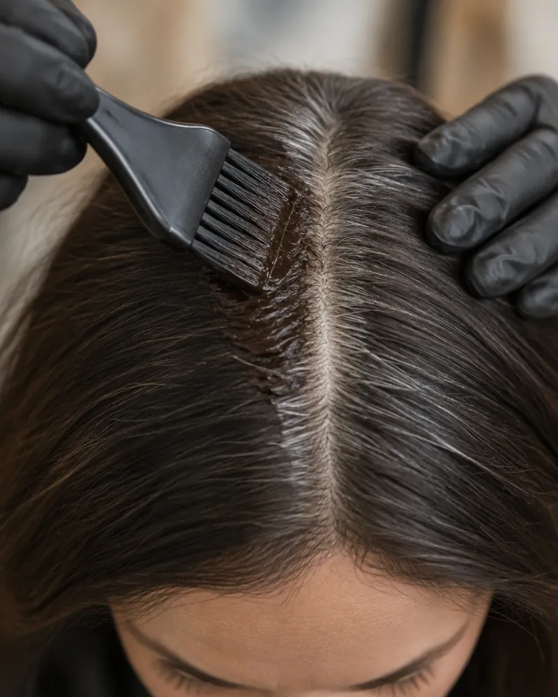 Before: Colour being applied to grey roots along a parting