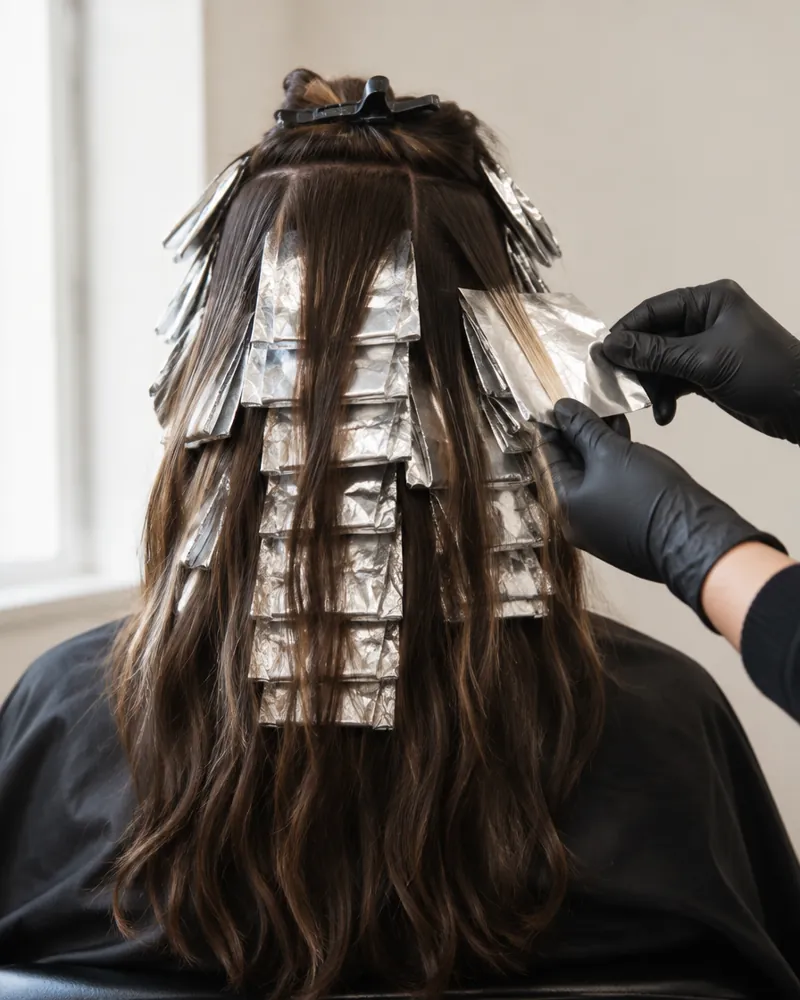 Before: Foils placed through dark hair during a highlights service