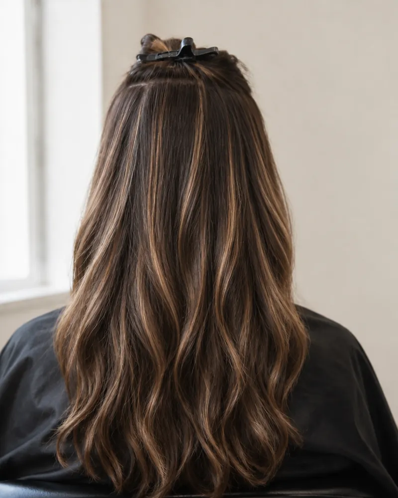 Finished soft caramel highlights, back view