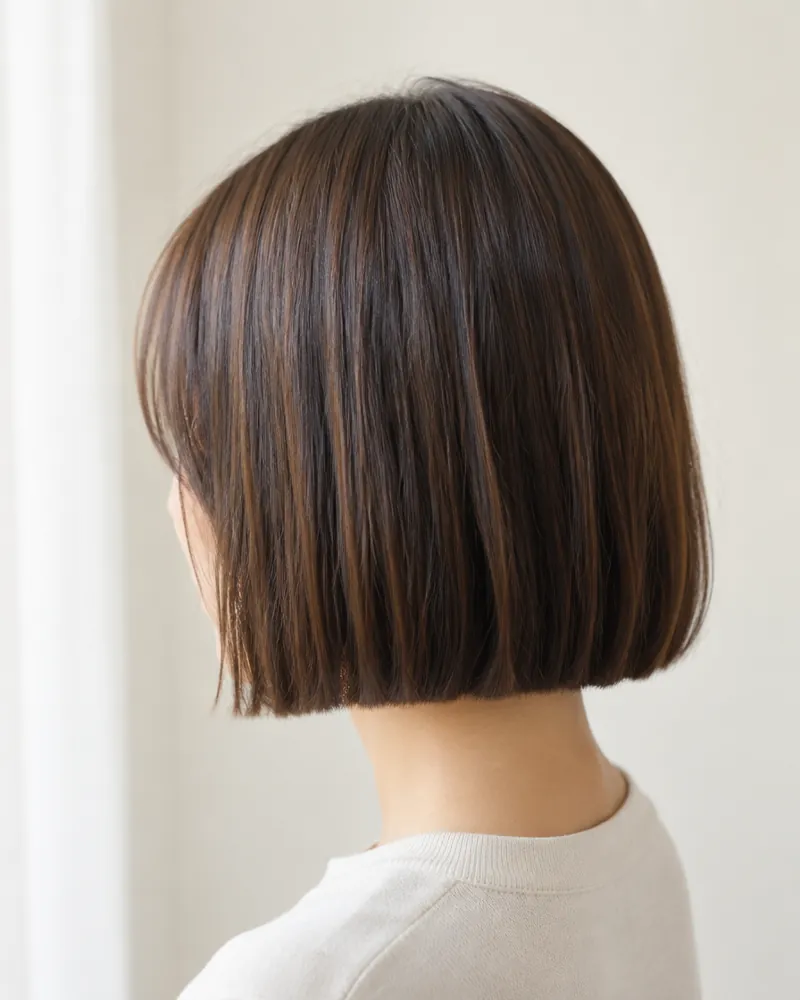 Sleek blunt bob with soft chestnut highlights