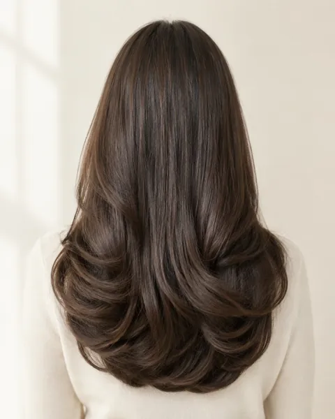 Smooth, voluminous blowout on long dark hair