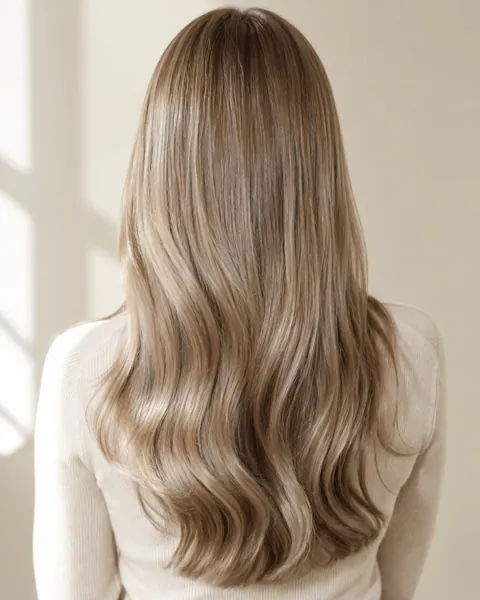 Glossy, cool beige toned hair, back view